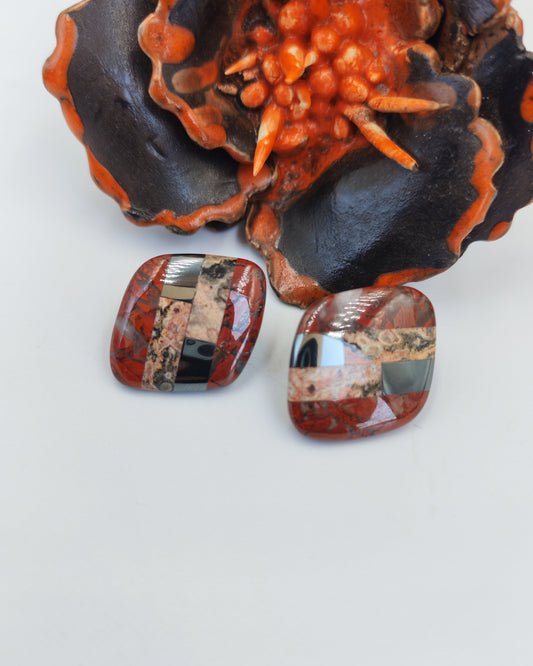 Red & Picture Jasper Hematite Cushion Dome Stud Earrings