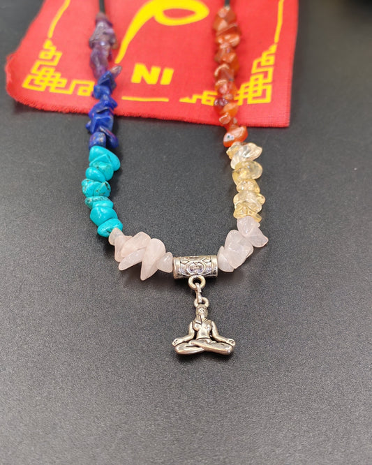 7 Chakra Chip Necklace with Meditating Figurine charm