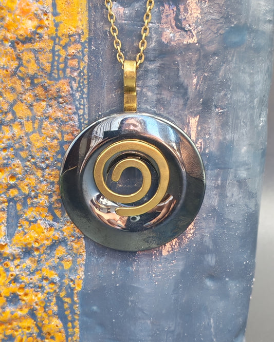 Natural Hematite Donut Pendant with Copper Spiral Setting