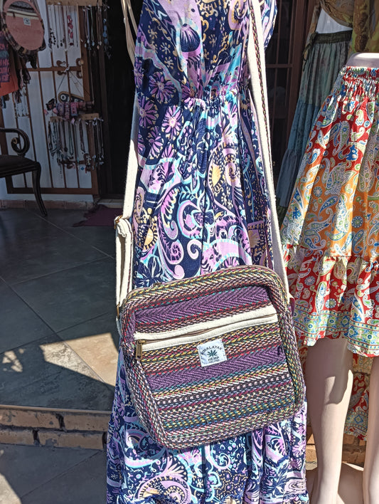 Himalayan Hemp Square Crossbody Bag — worn crossbody showing full bag and strap length