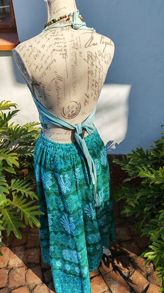 Turquoise Embroidered Viscose Fringe Halter Crop