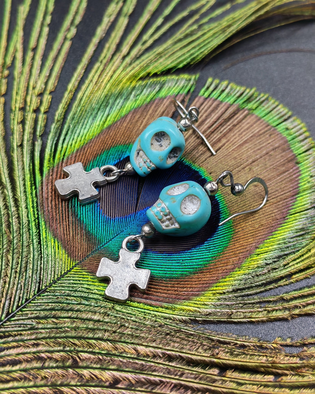 Turquoise Howlite Skull & Puzzle Piece Charm Dangle Earrings