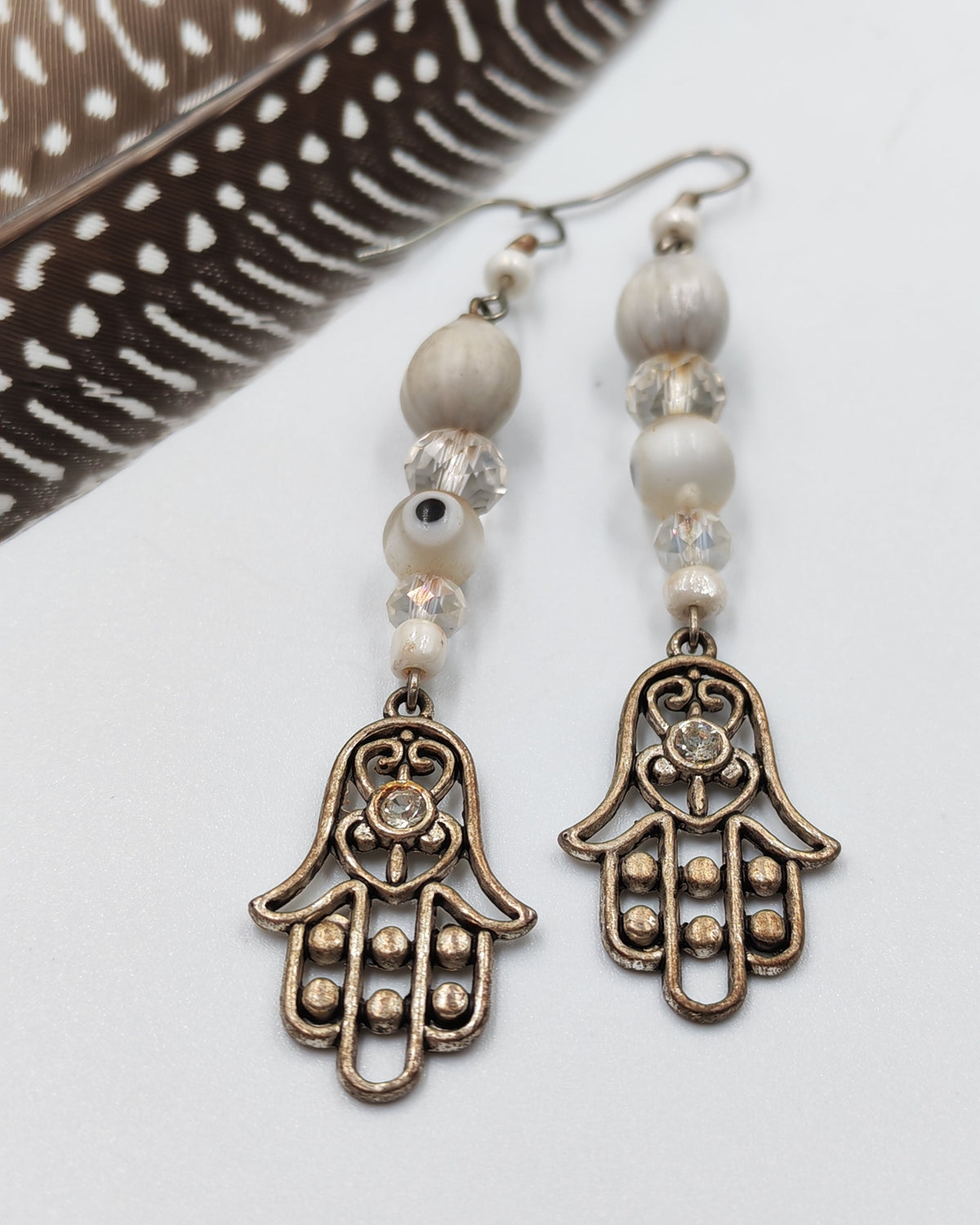 Hamsa Hand & Evil Eye White Bead Crystal Drop Earrings