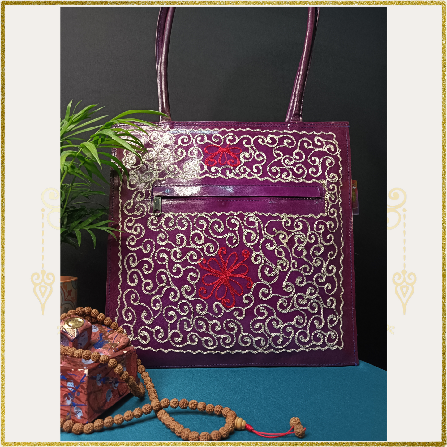 Embossed Embroidered Leather Handbag