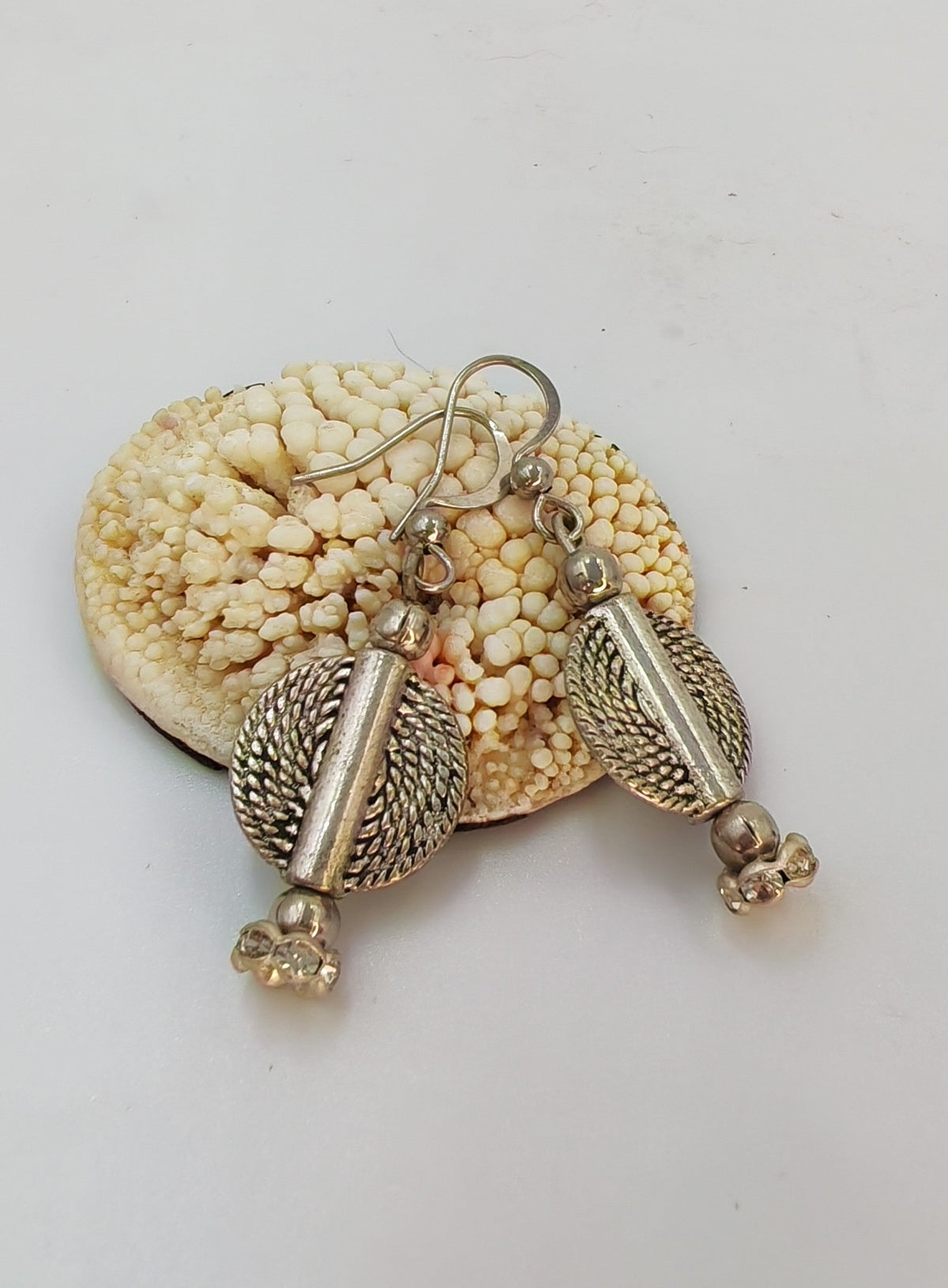 Silver Rope-Textured Disk & Tube Dangle Earrings