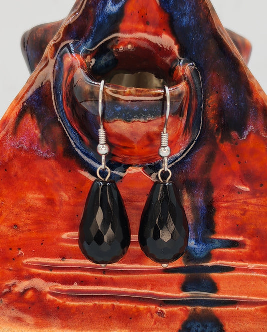 Natural Onyx Faceted Teardrop Crystal Drop Earrings
