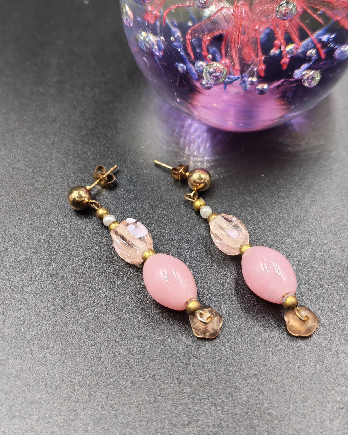 Pink Handmade Glass Bead Dangle Earrings on 9ct Gold-Plated Stainless Steel Studs