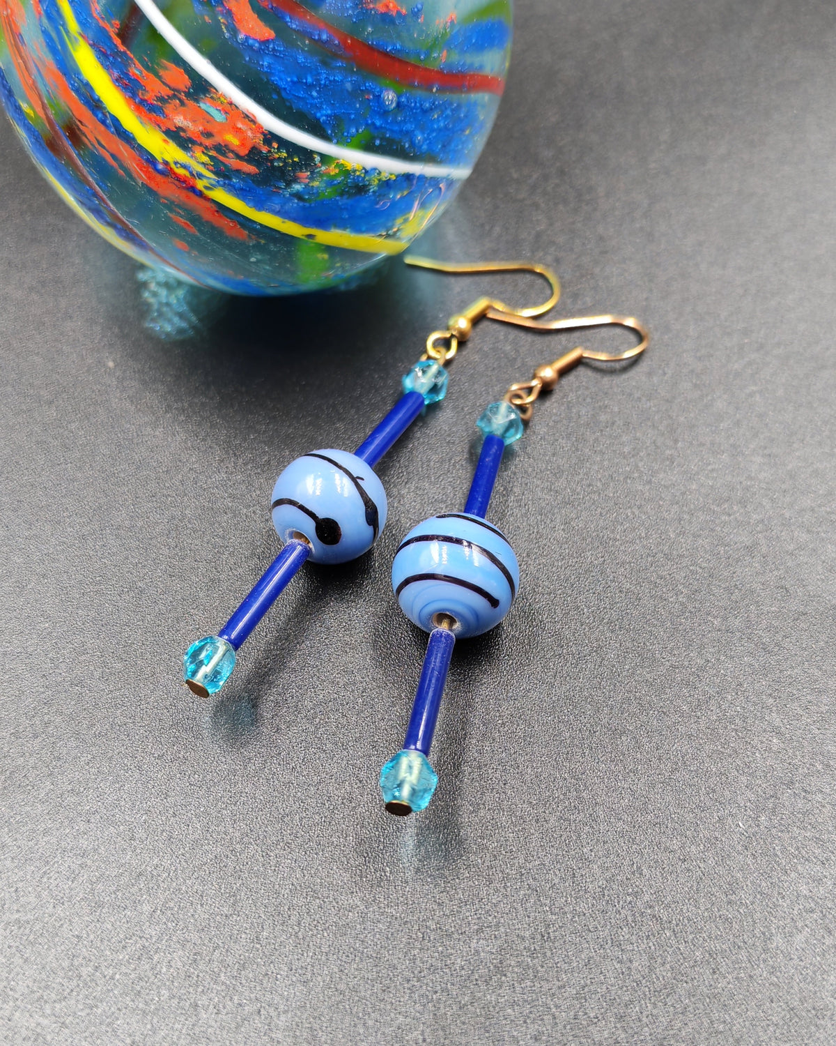 Hand-Painted Blue Stripe Glass Bead & Bar Tube Dangle Earrings