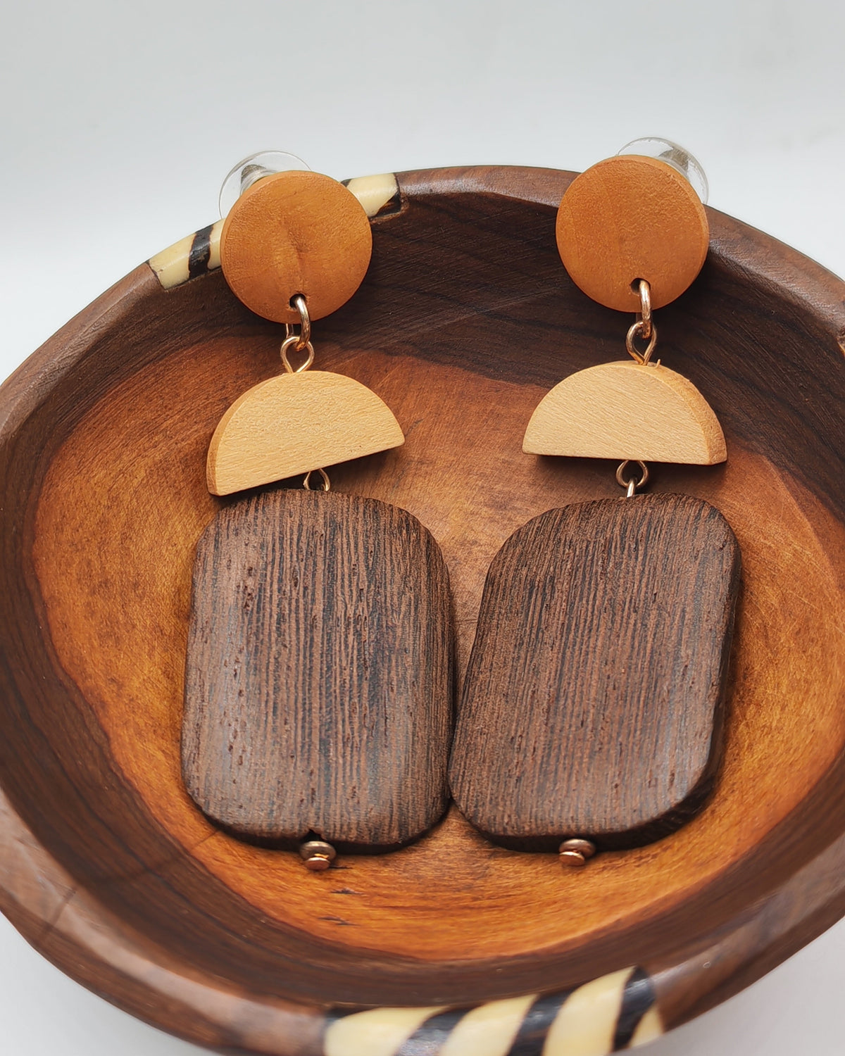 Two-Tone Wood Half-Moon & Rectangle Dangle Earrings