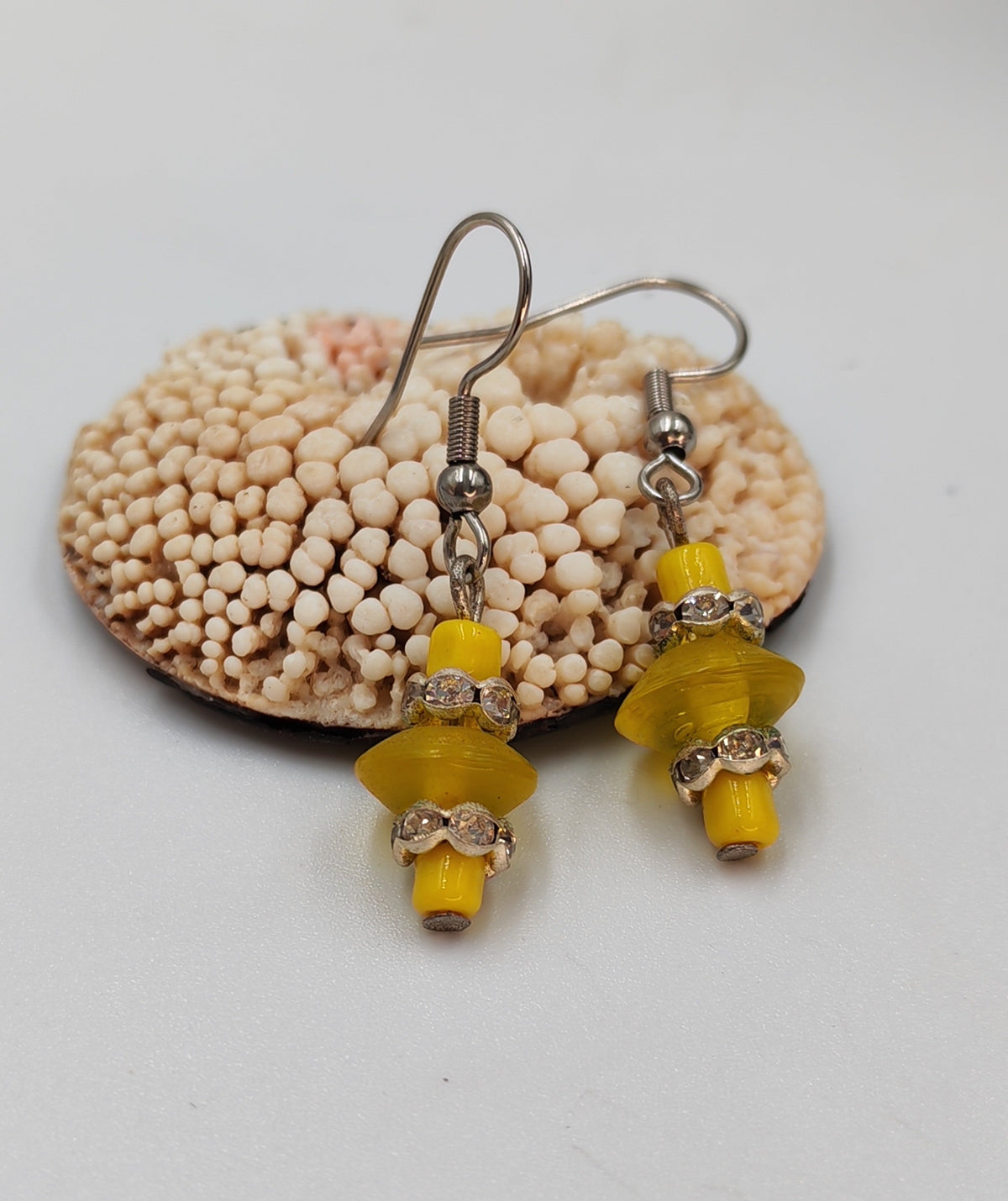 Yellow UFO African Glass Bead & Rhinestone Earrings