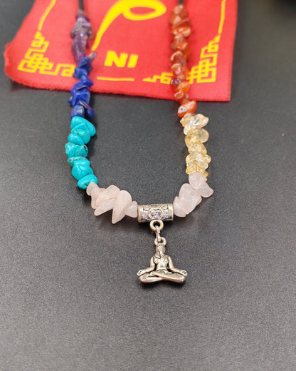 7 Chakra Chip Necklace with Meditating Figure Charm