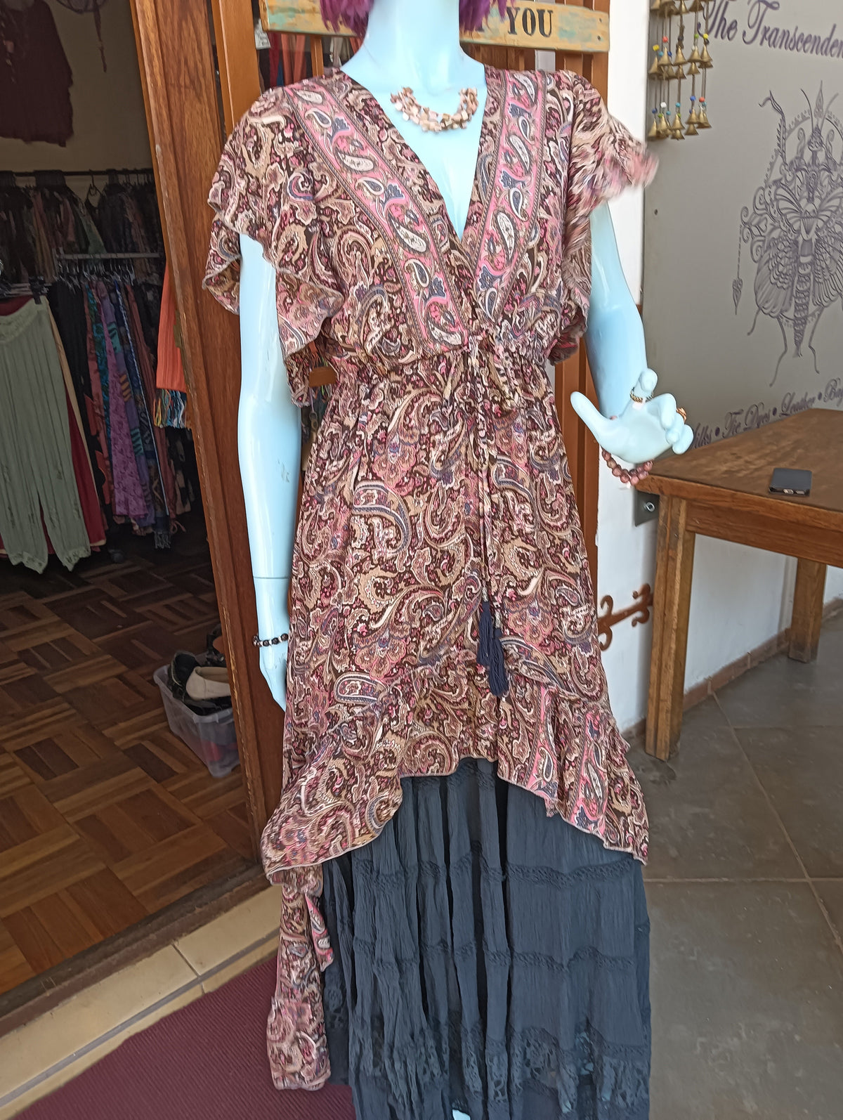 Paisley Soul Hi-Lo Dress layered over Midnight Flamenco Maxi Skirt - full look
