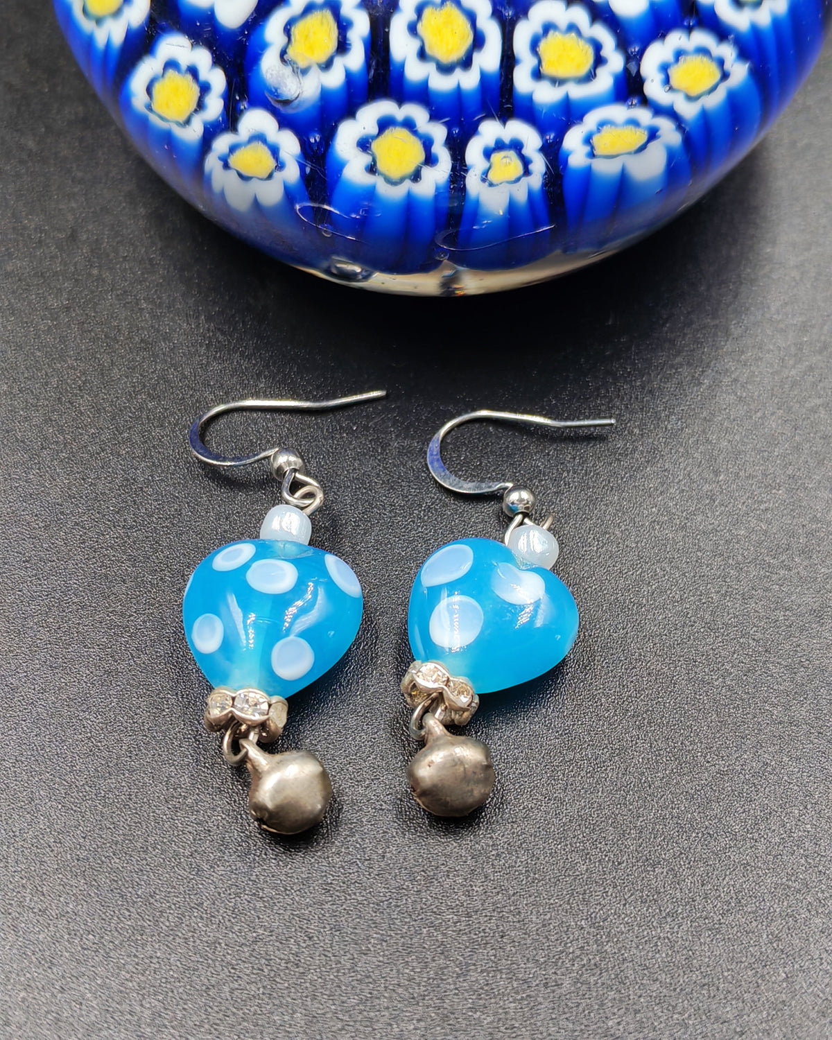 Blue Polka Dot Glass Heart Bead & Bell Charm Rhinestone Earrings