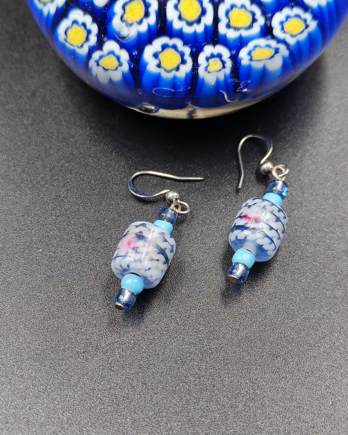 Hand-Painted Baby Blue Floral Glass Bead Earrings