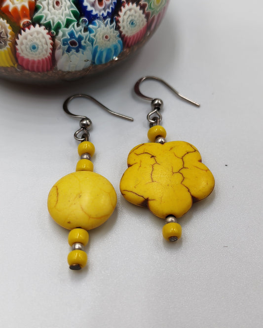 Yellow Howlite Asymmetric Bead Earrings