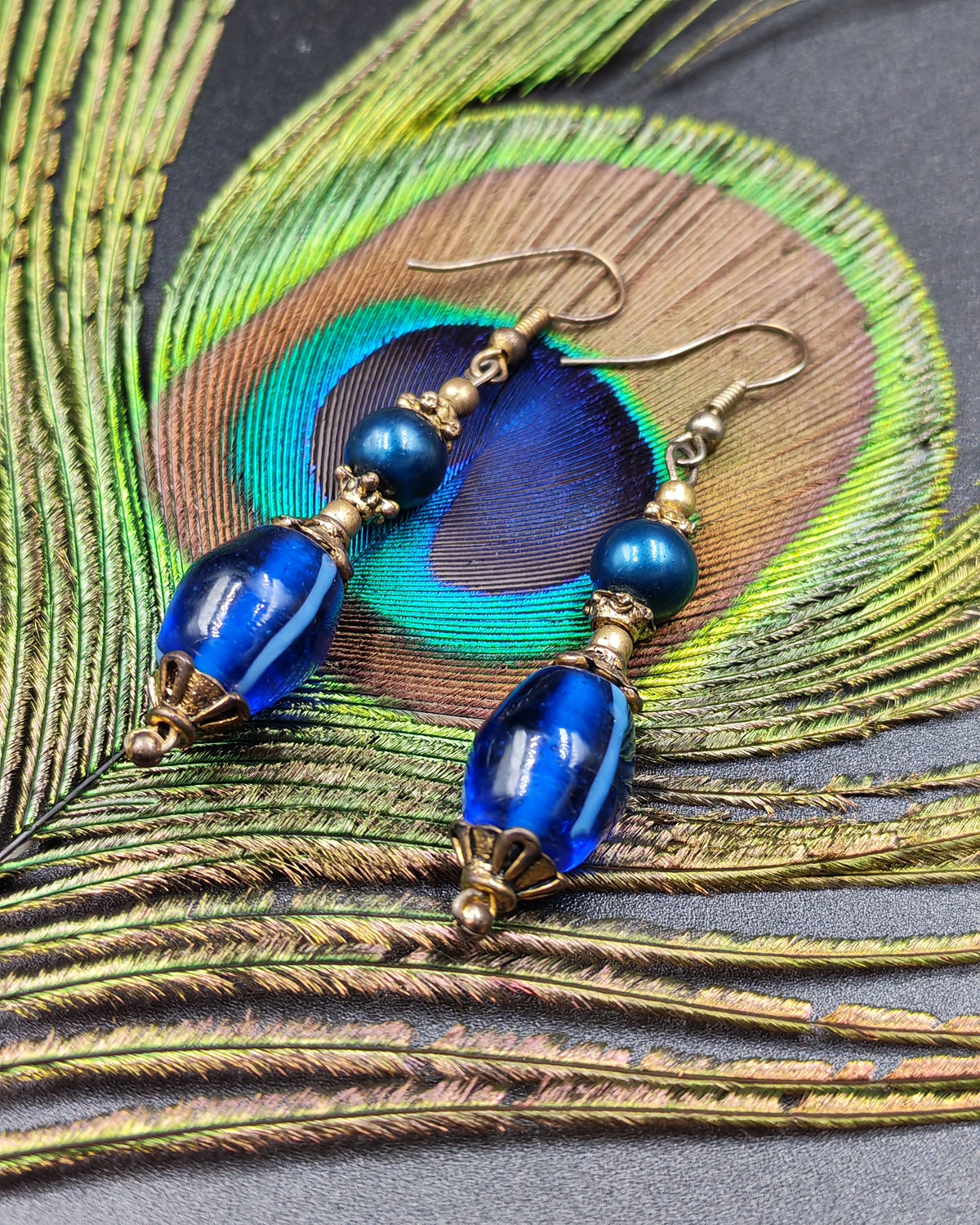 Royal Blue Hand-Painted Glass Bead Dangle Earrings