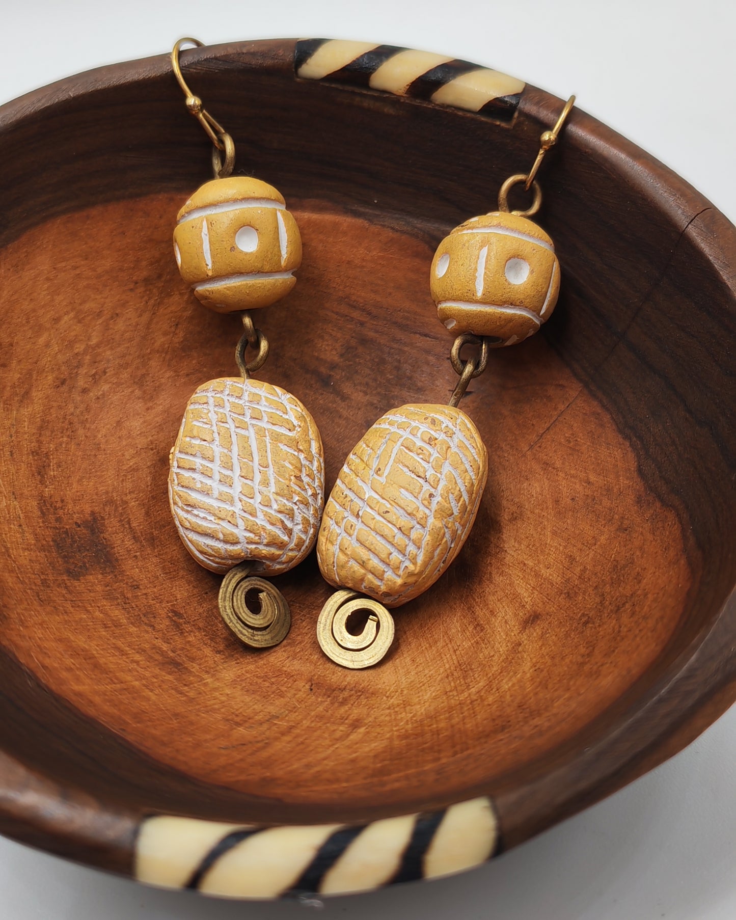African Clay Bead & Copper Spiral Dangle Earrings