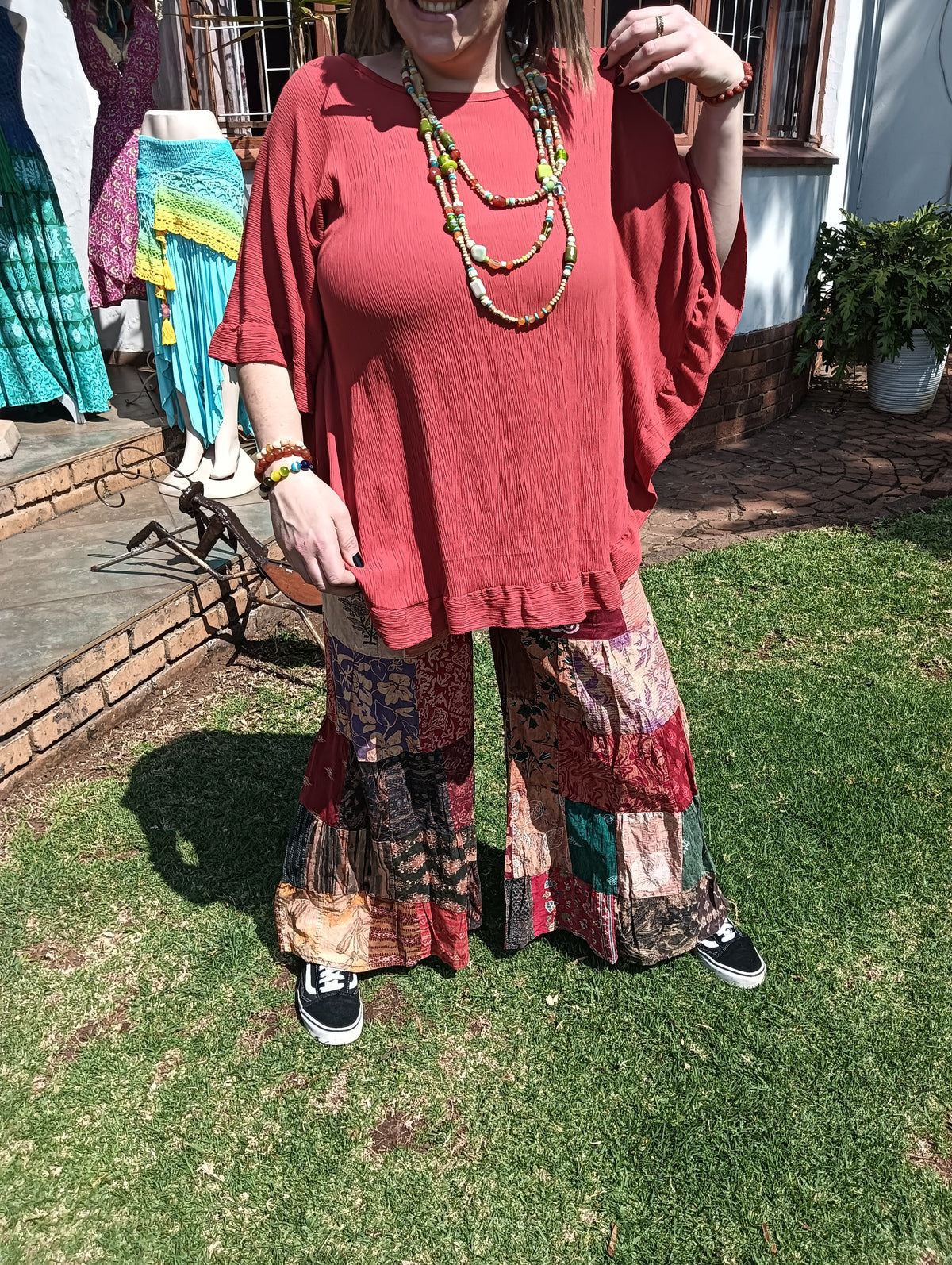 Patchwork Bell Bottom Pants - full length front smiling