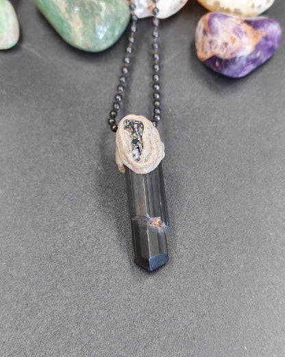 Black Tourmaline Raw Point Pendant with Polymer Clay & Kyanite Cap