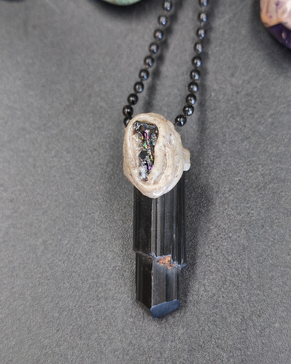 Black Tourmaline Raw Point Pendant with Polymer Clay & Kyanite Cap