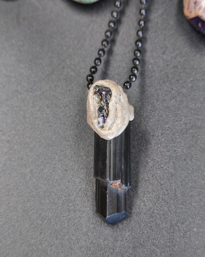 Black Tourmaline Raw Point Pendant with Polymer Clay & Kyanite Cap