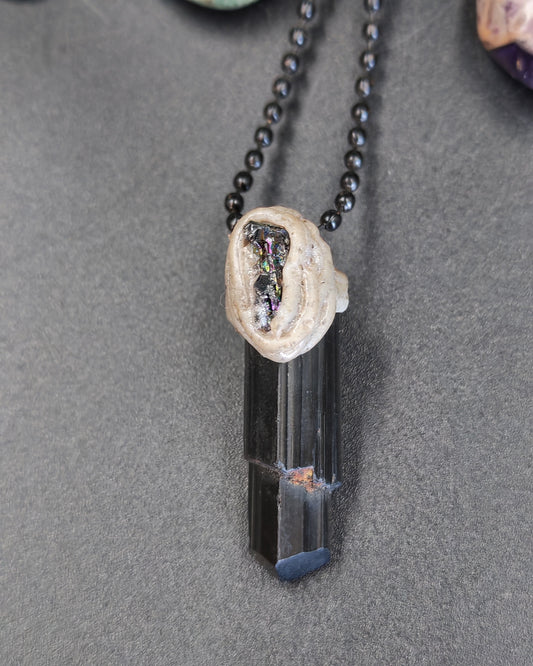 Black Tourmaline Raw Point Pendant with Polymer Clay & Kyanite Cap