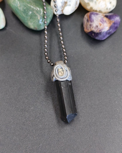 Black Tourmaline Raw Point Pendant with Polymer Clay & Pyrite Cap