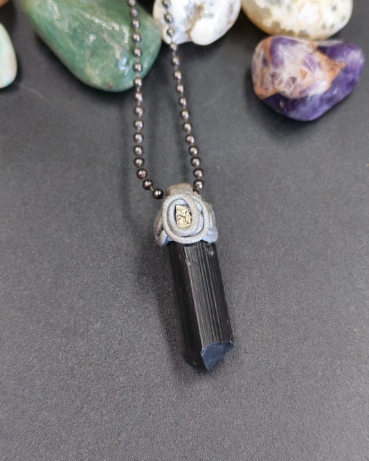 Black Tourmaline Raw Point Pendant with Polymer Clay & Pyrite Cap
