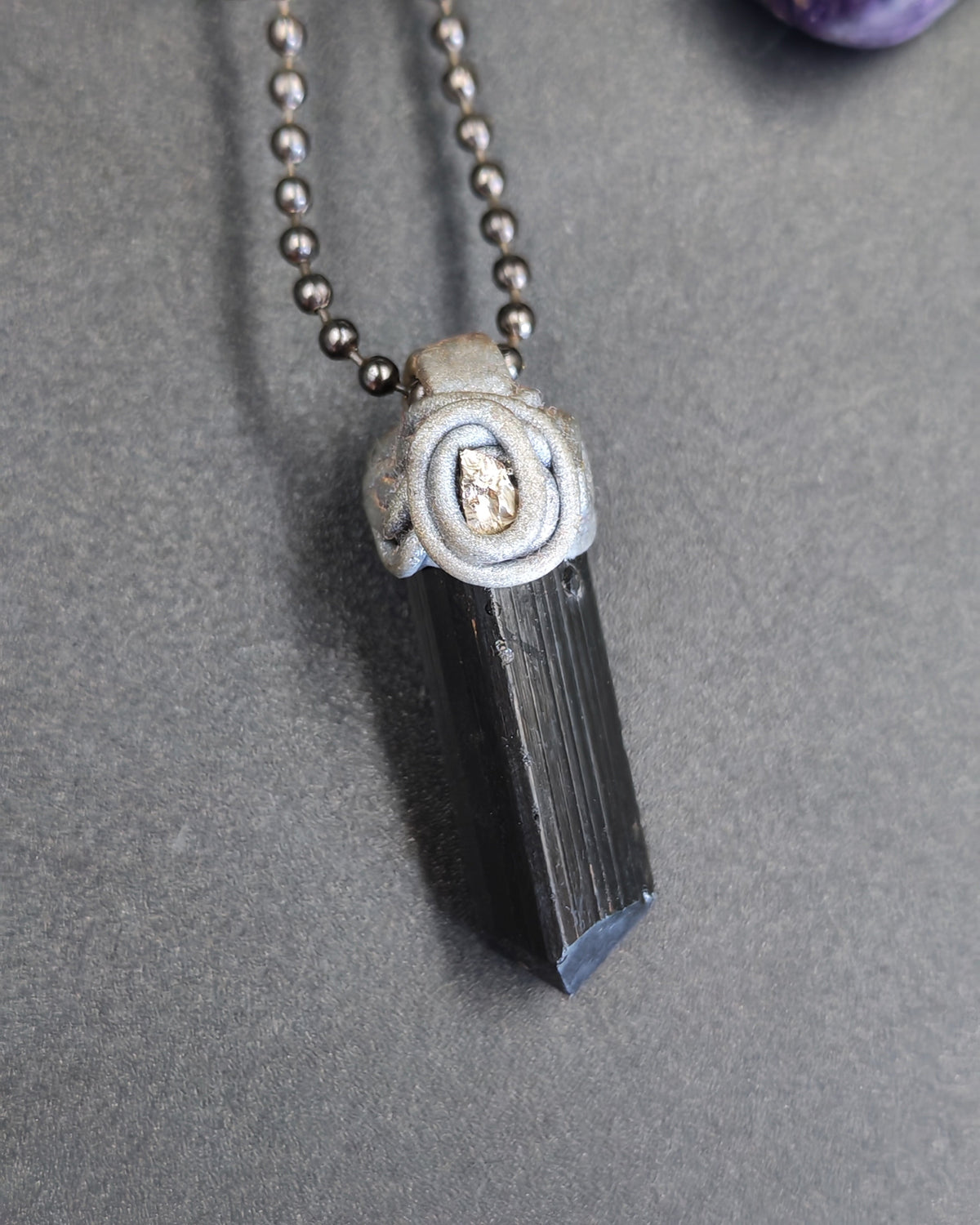 Black Tourmaline Raw Point Pendant with Polymer Clay & Pyrite Cap