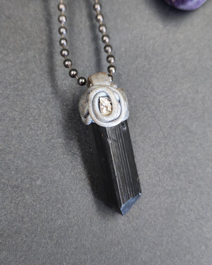 Black Tourmaline Raw Point Pendant with Polymer Clay & Pyrite Cap