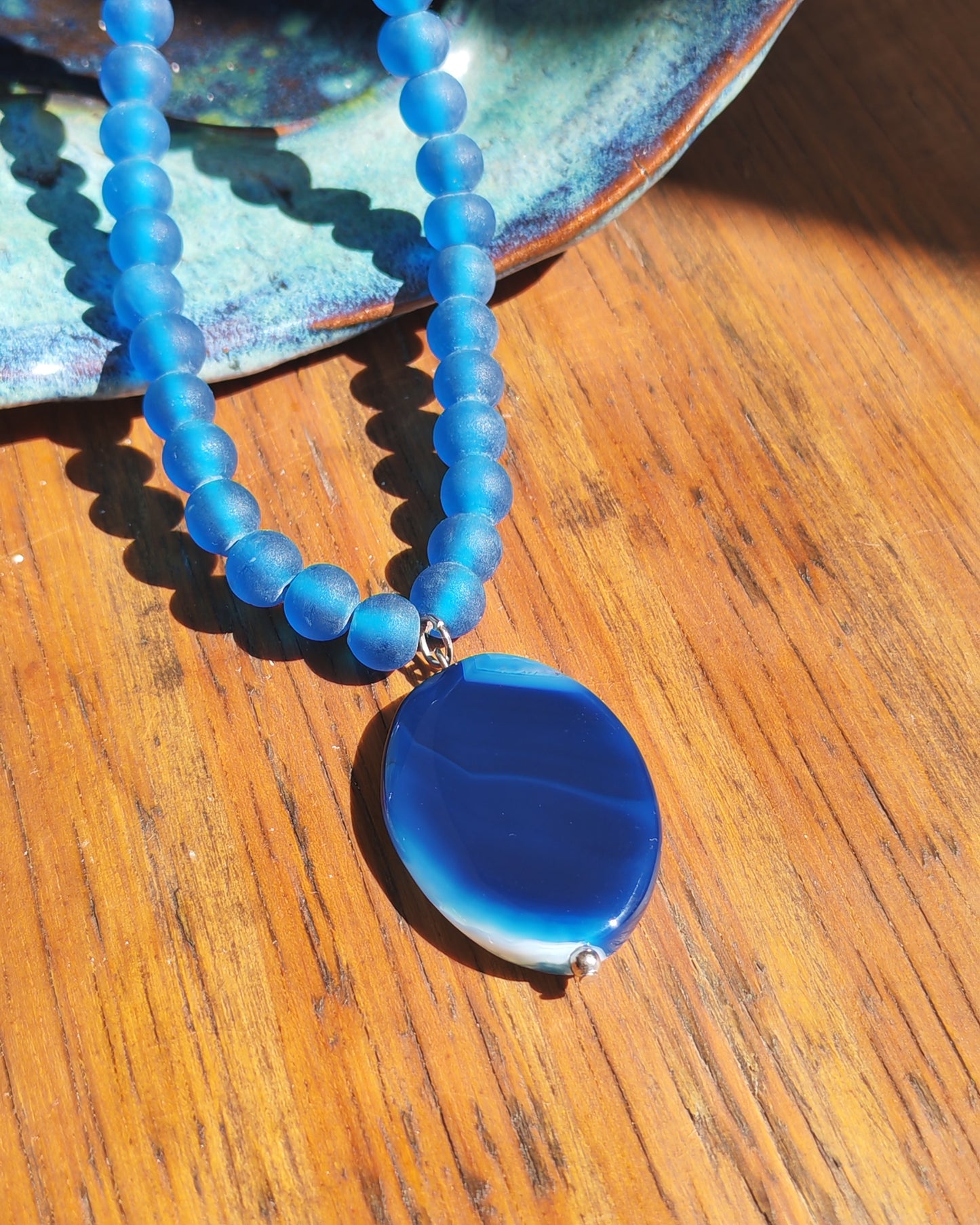 Blue Agate Pendant on Frosted Aqua Glass Bead Necklace