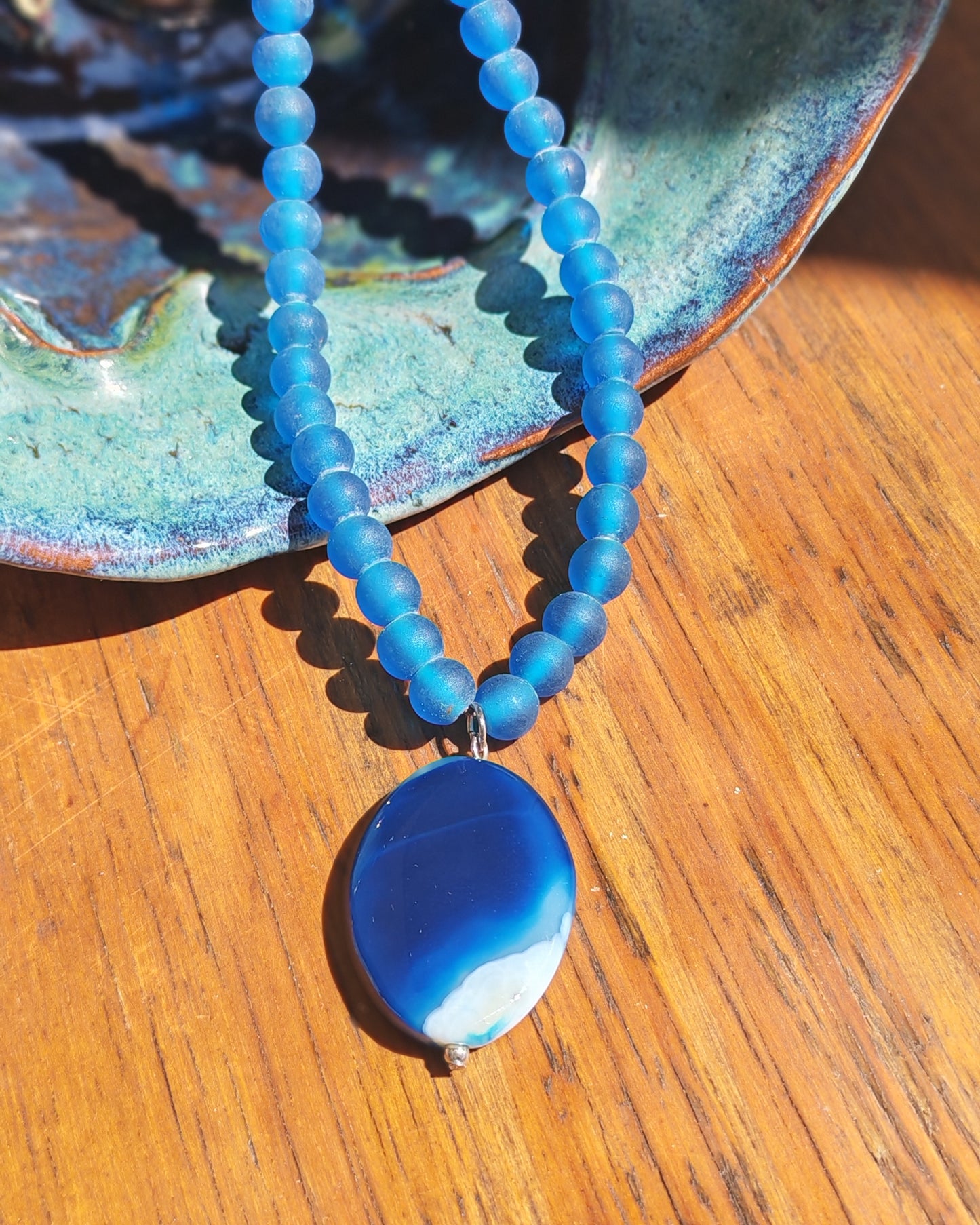 Blue Agate Pendant on Frosted Aqua Glass Bead Necklace