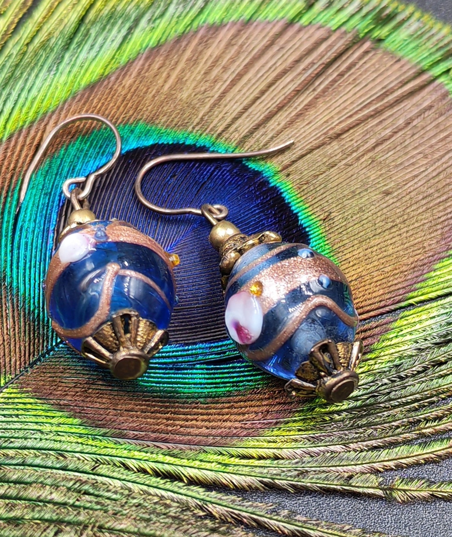 Blue & Gold Hand-Made Painted Glass Bead Dangle Earrings