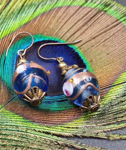 Blue & Gold Hand-Made Painted Glass Bead Dangle Earrings