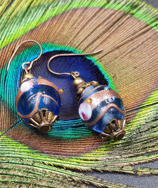 Blue & Gold Hand-Made Painted Glass Bead Dangle Earrings