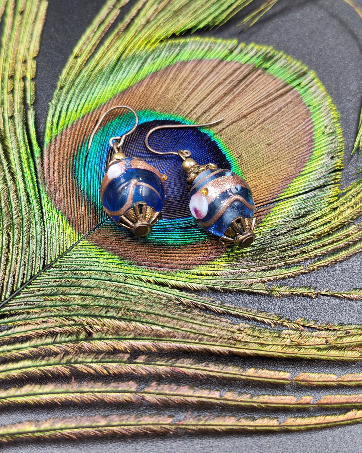Blue & Gold Hand-Made Painted Glass Bead Dangle Earrings