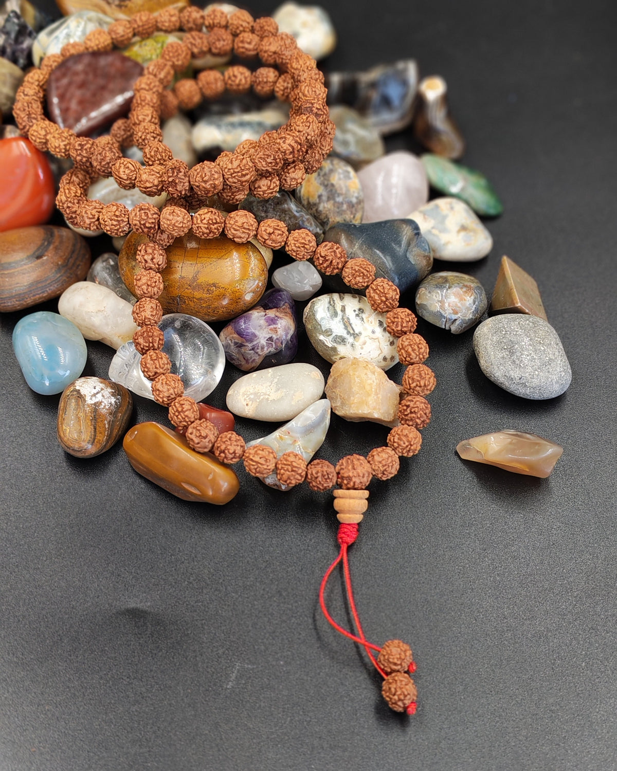 Rudraksha Mala Prayer Beads — Red Cord