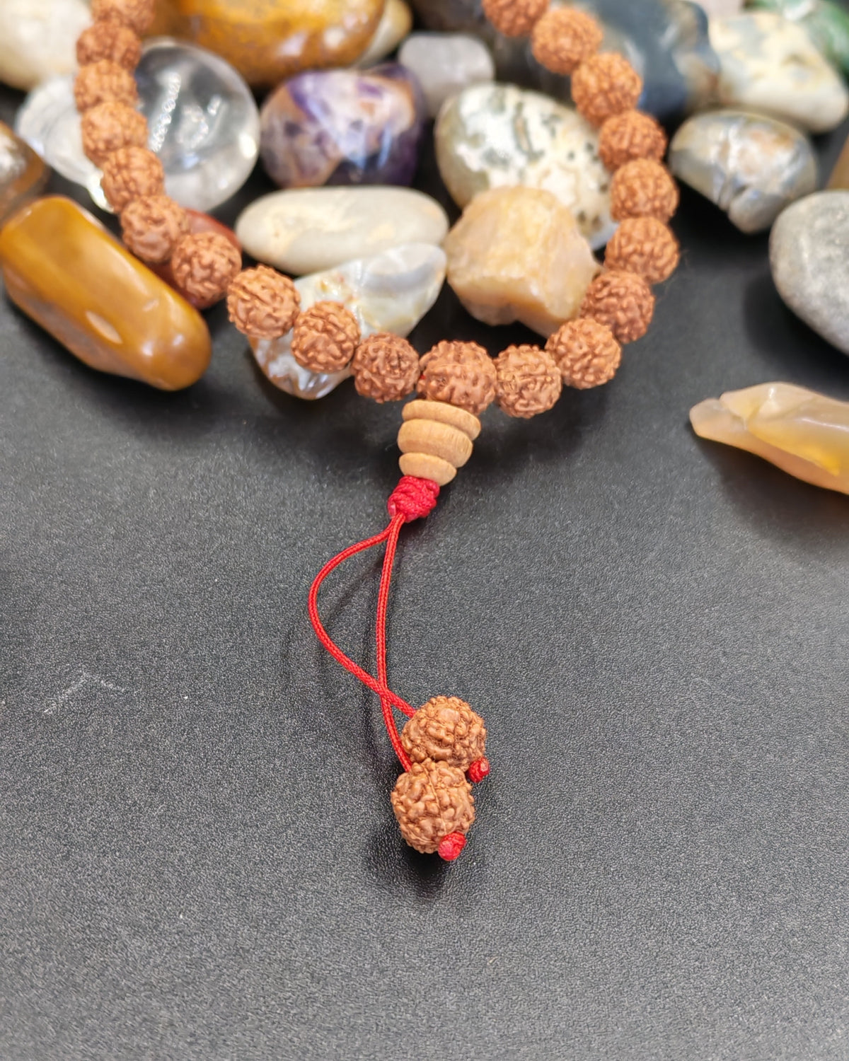 Rudraksha Mala Prayer Beads — Red Cord