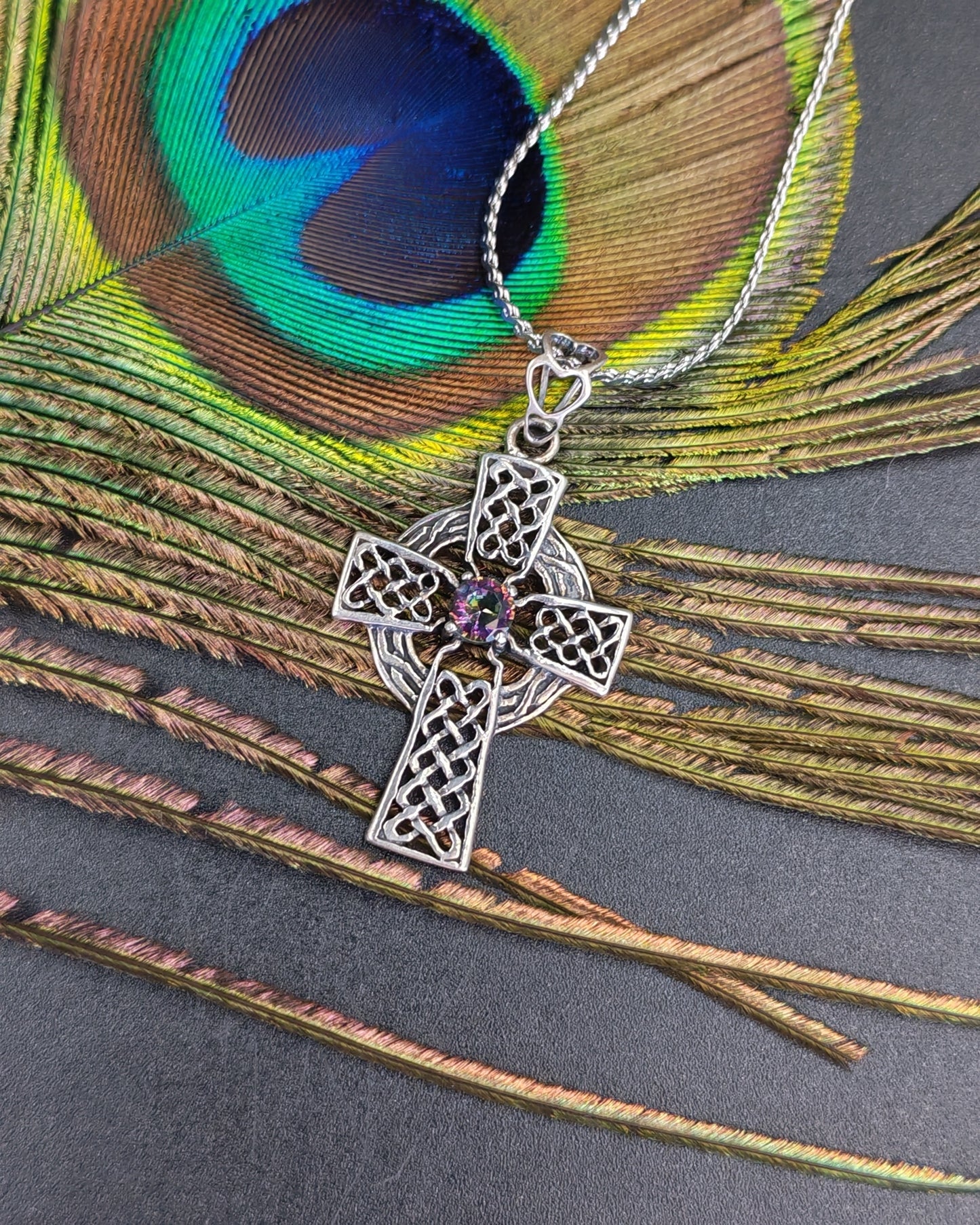 Sterling Silver 925 Celtic Cross Rainbow Fluorite Pendant