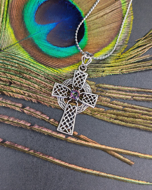 Sterling Silver 925 Celtic Cross Rainbow Fluorite Pendant