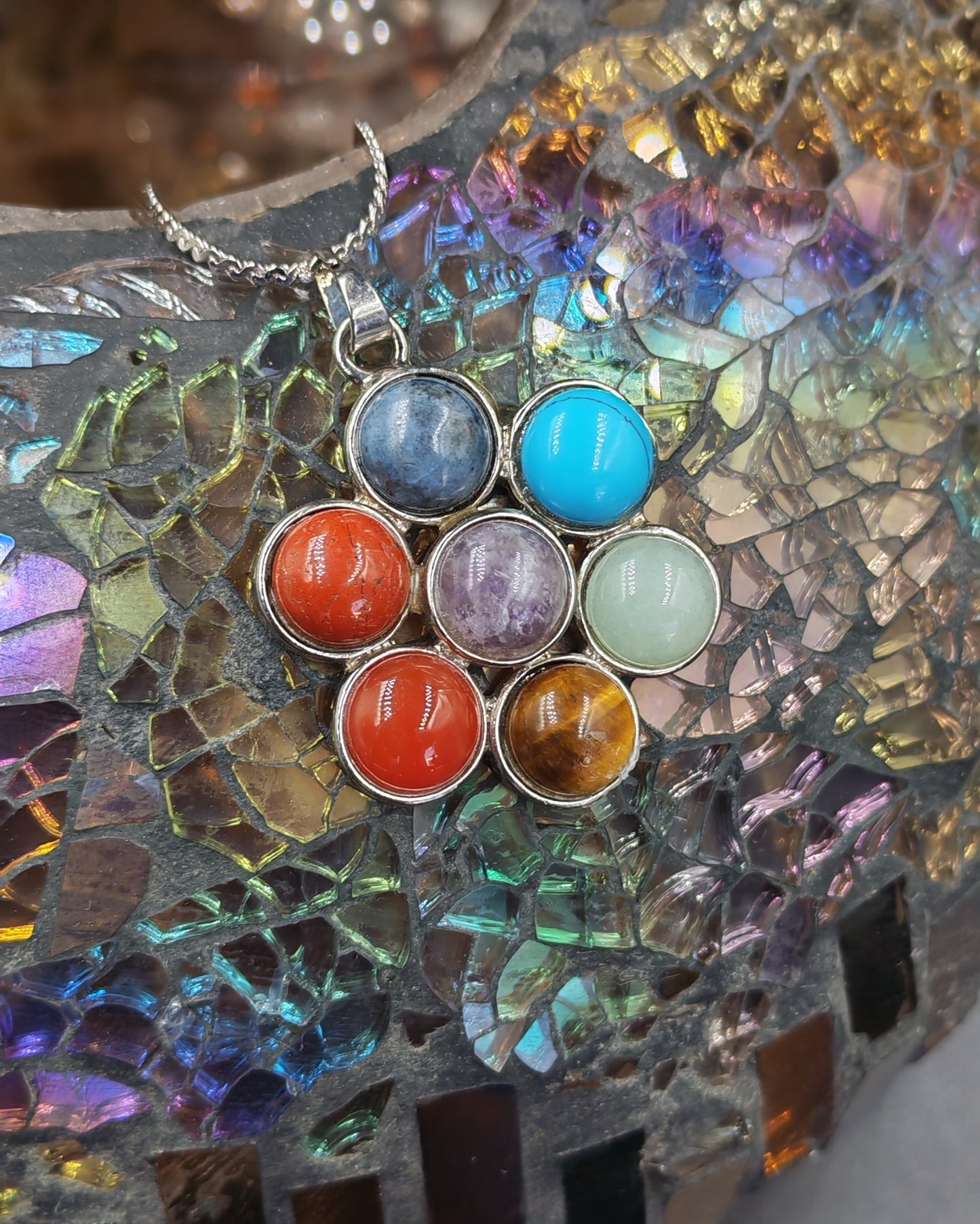 7 Chakra Flower Pendant with Round Domed Cabochon Stones