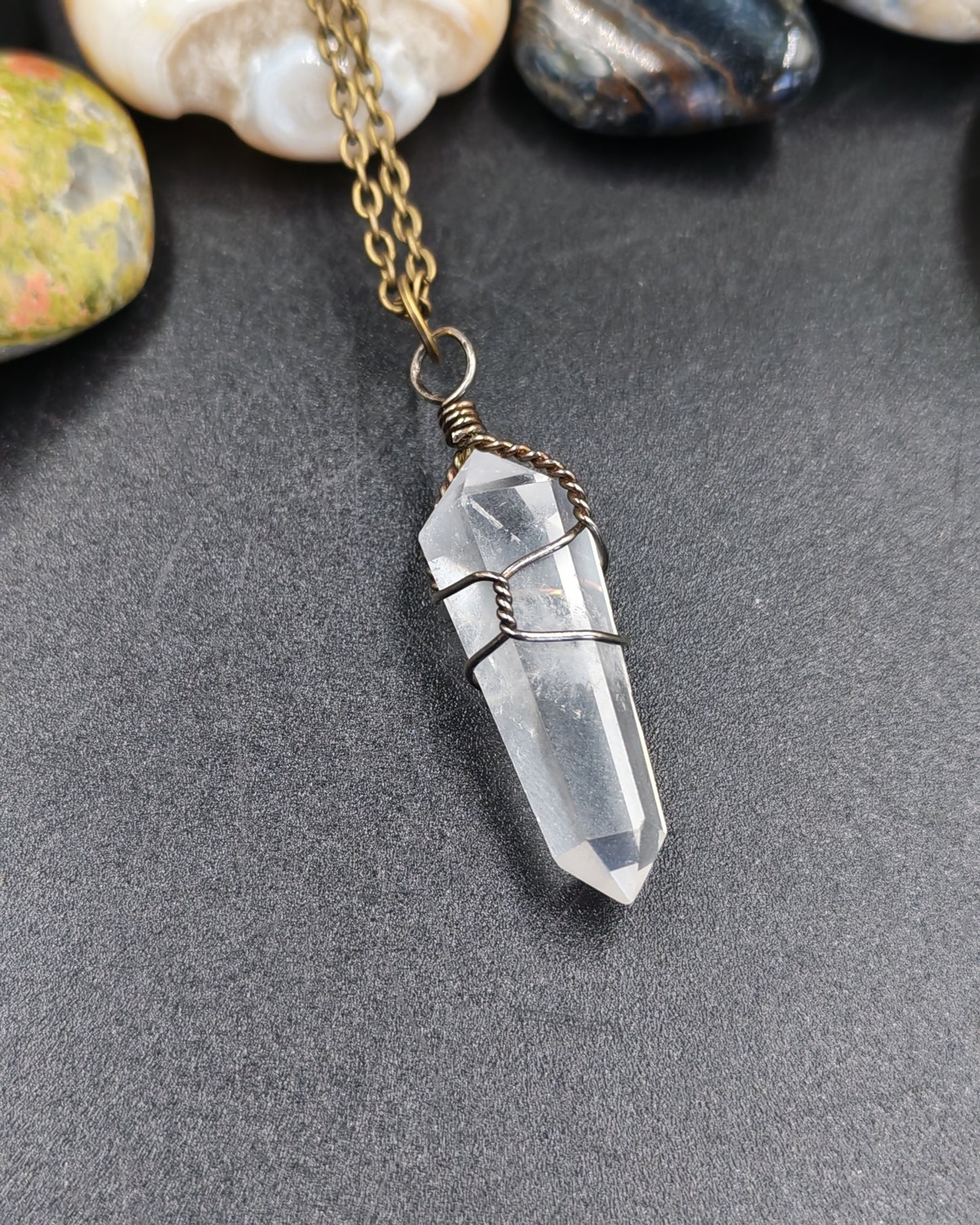 Natural Clear Quartz Wire-Wrapped Hexagonal Point Pendant