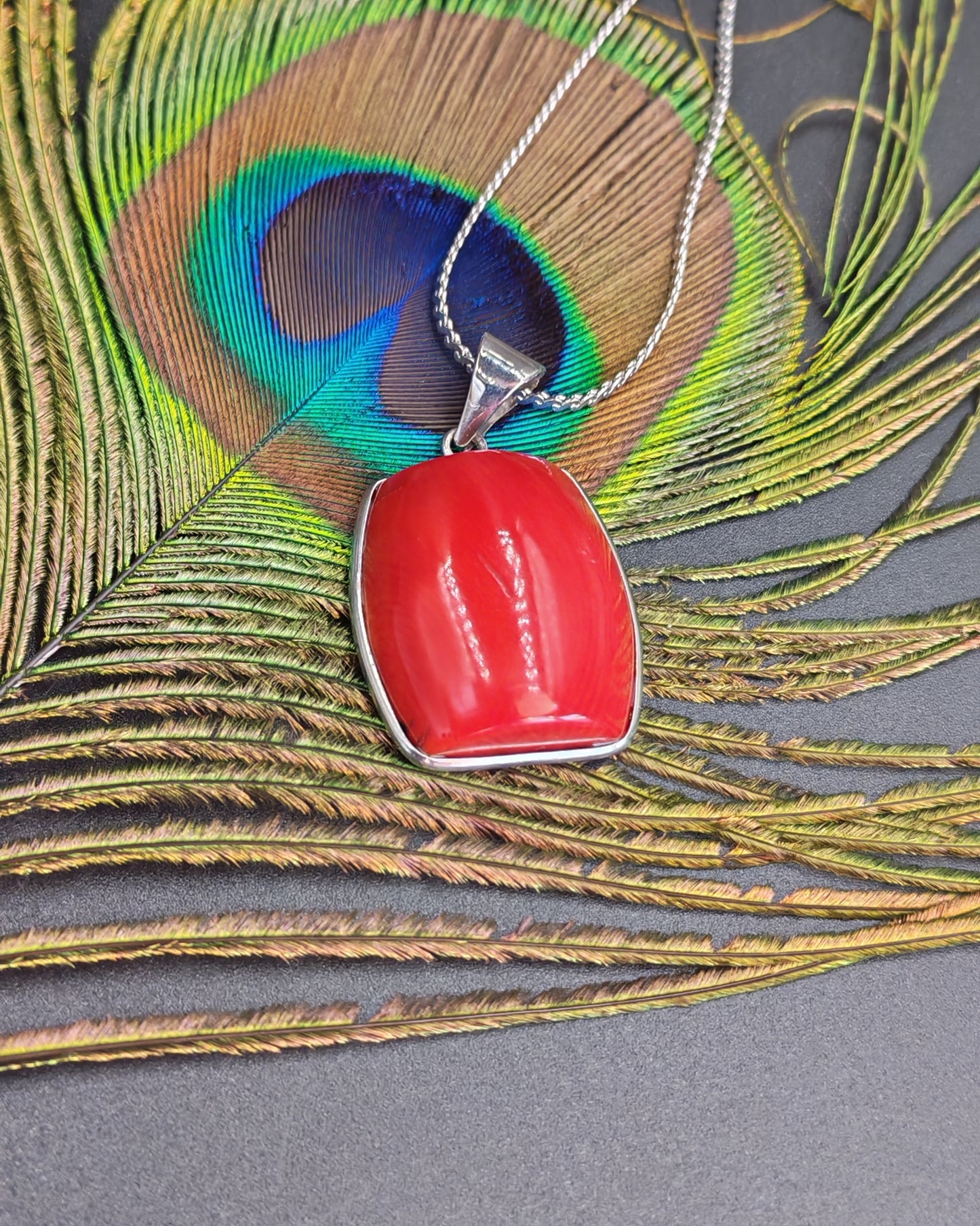 Natural Red Coral Cushion Cabochon Silver-Set Pendant