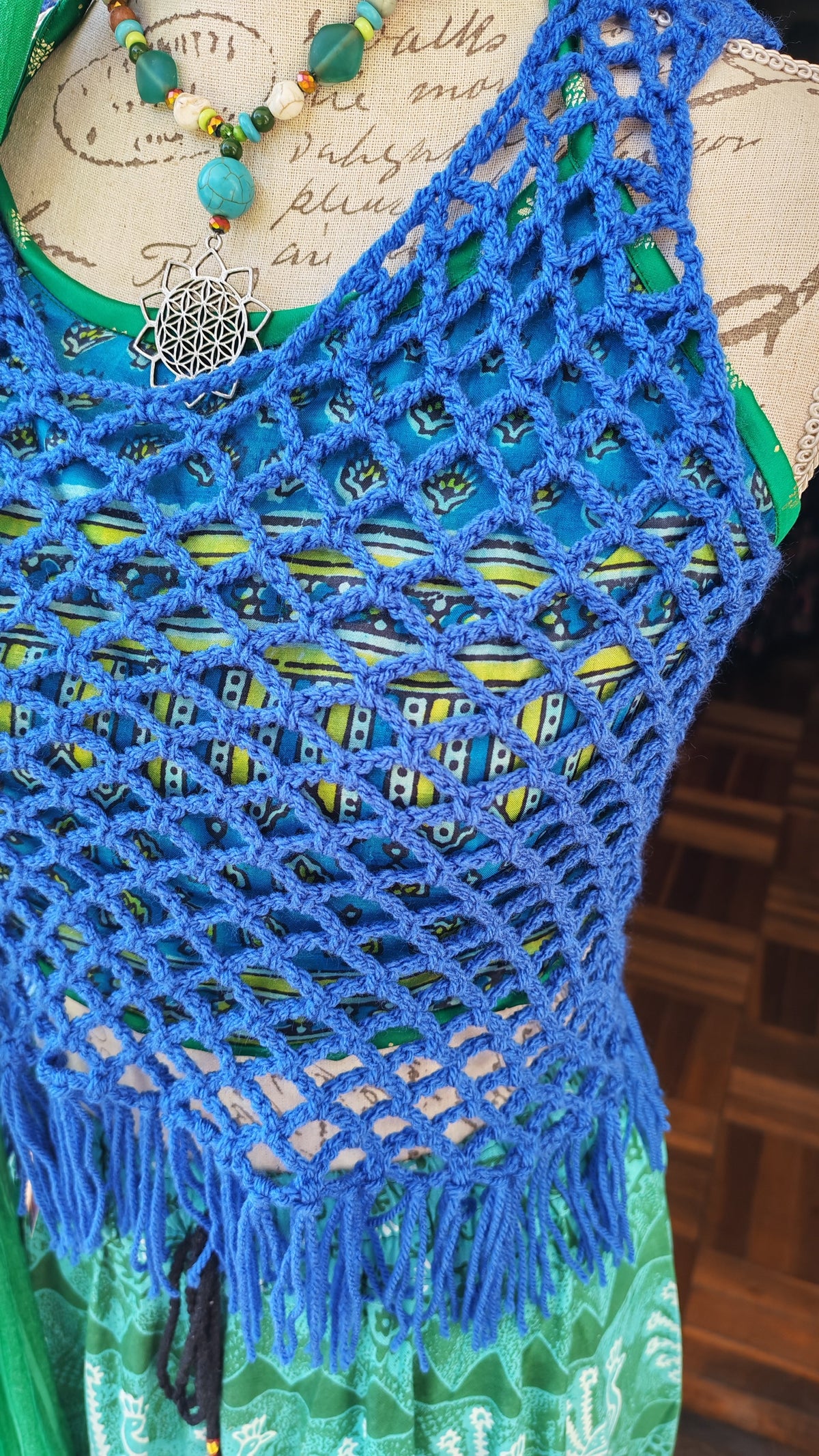Cobalt Blue Crochet Fringe Tank Top — close-up of open diamond mesh stitch and fringe hem detail