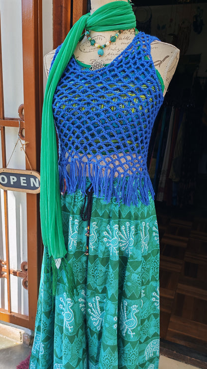 Cobalt Blue Crochet Fringe Tank Top — full length on mannequin with teal skirt and green scarf