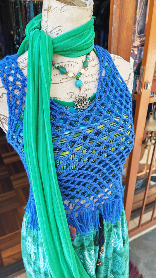 Cobalt Blue Crochet Fringe Tank Top — side view on mannequin showing mesh weave and fringe