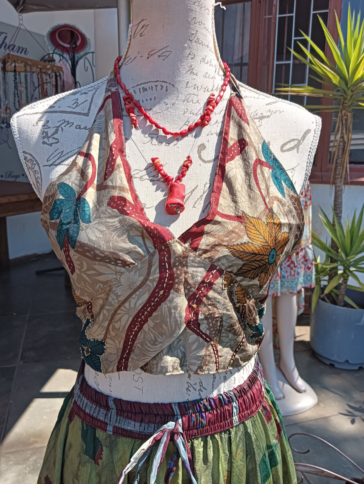 Reversible Crop Bra Top - cream floral side, front view on mannequin