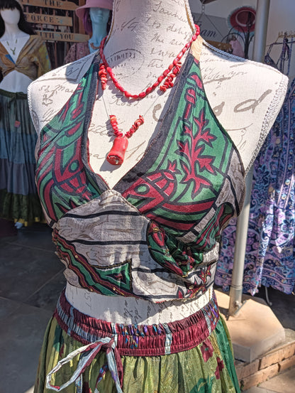 Reversible Crop Bra Top - emerald and maroon graphic side, front view