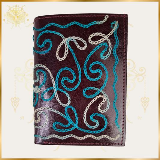 Dark Brown Turquoise White Embroidery Half Purse Leather Wallet
