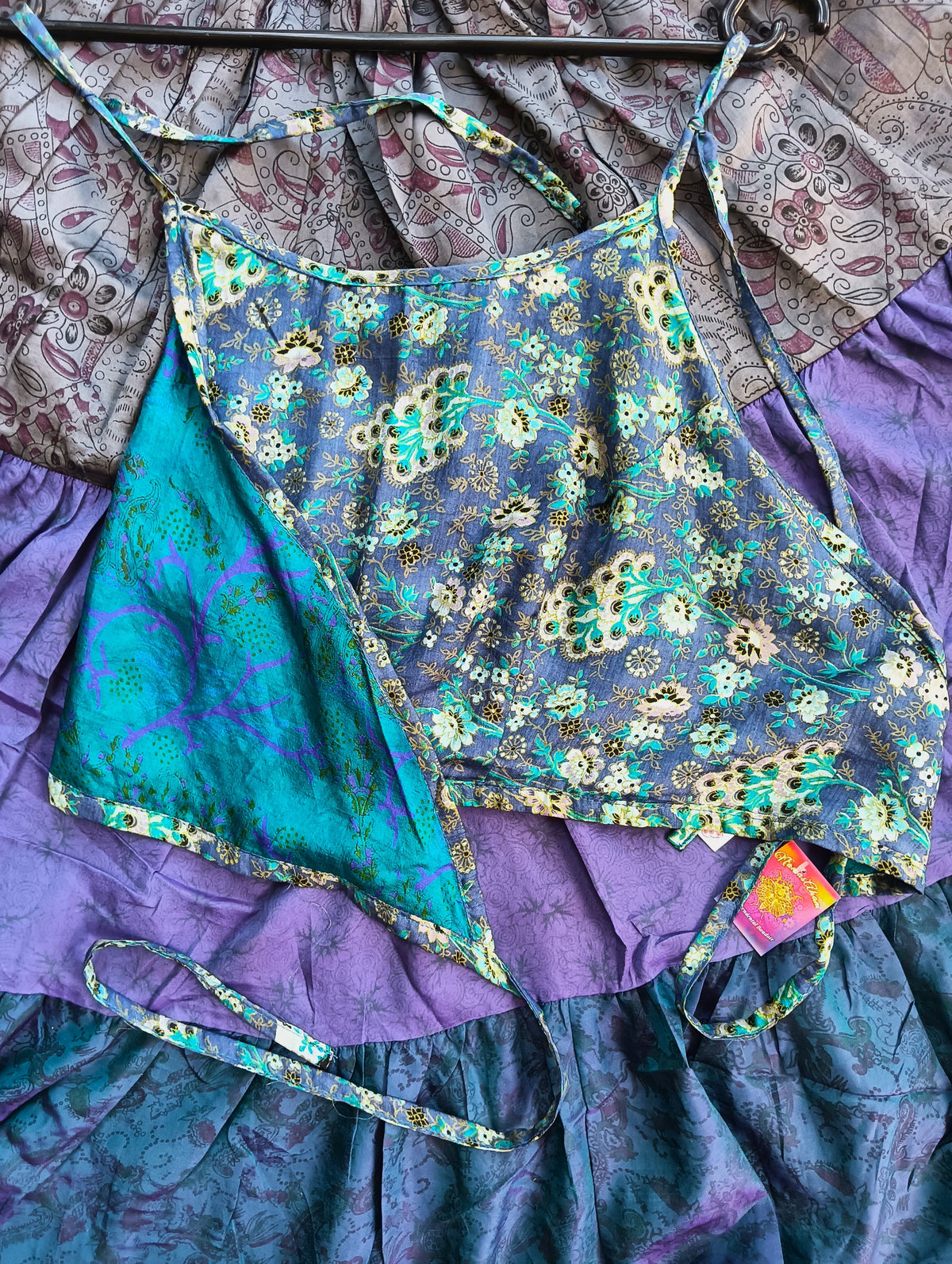 Reversible Antique Sari Silk Halter Crop Top - Blue Floral & Teal